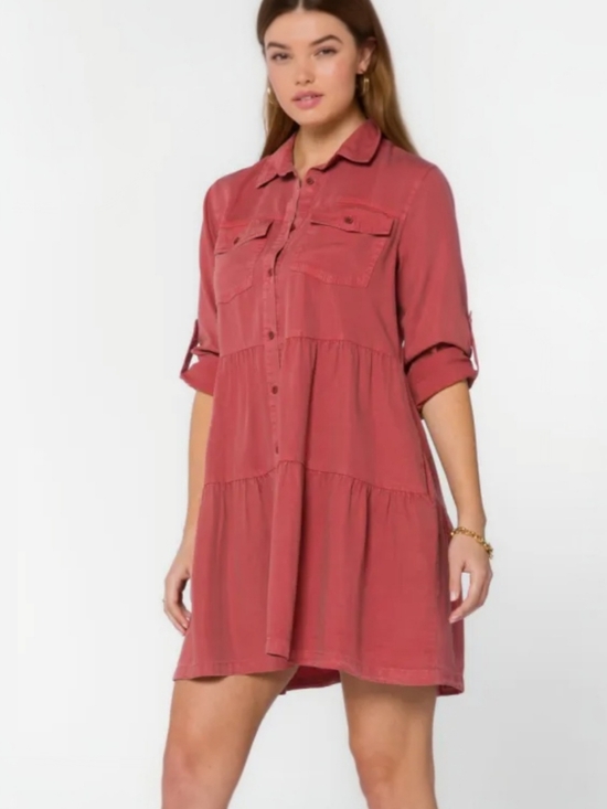 Velvet Heart Bree Red Clay Tencel Tiered Button Front Shirt Dress Large - Picture 12 of 12